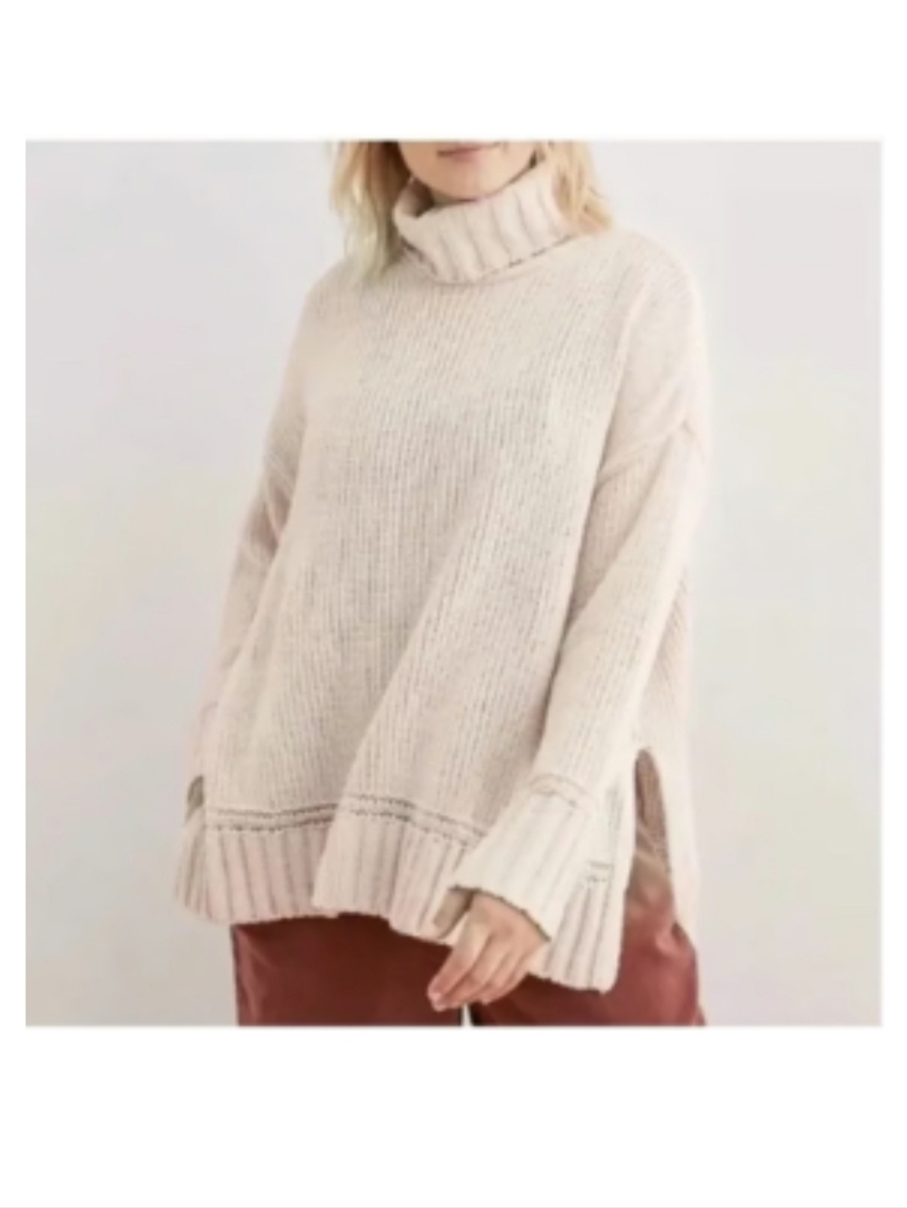 Aerie Oversized Chunky Turtleneck Sweater XL Ivory Cozy Knit Side Slit #91